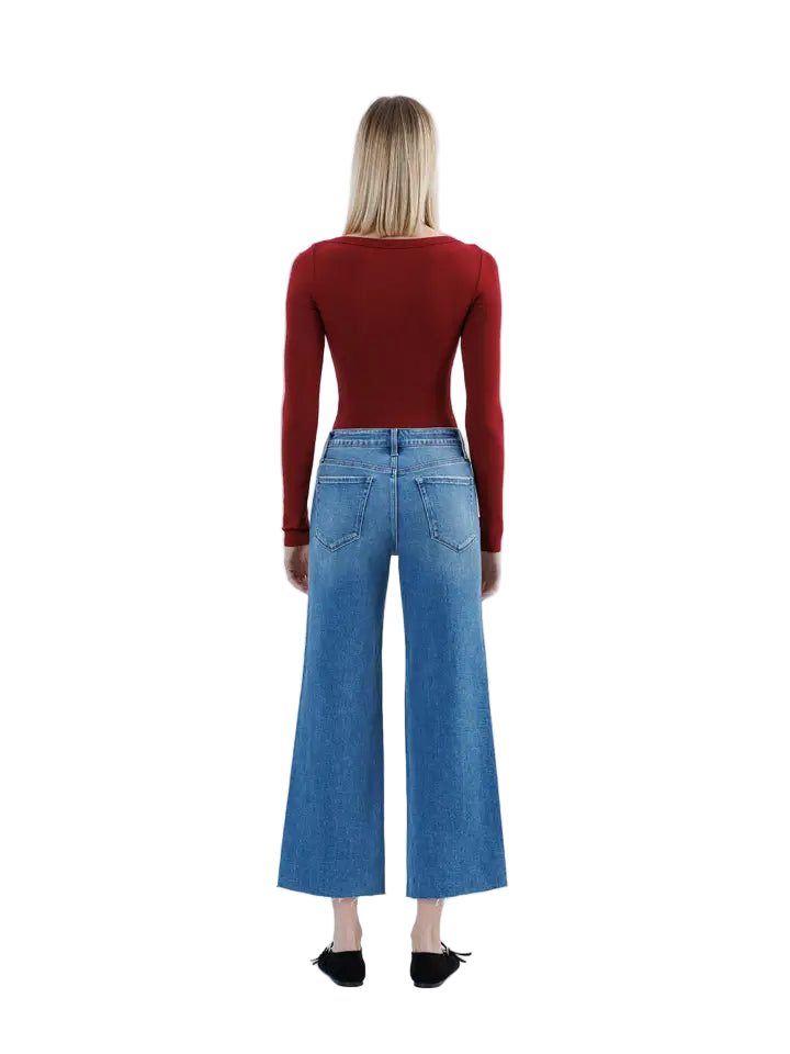 High Rise Raw Hem Crop Slim Wide Jeans