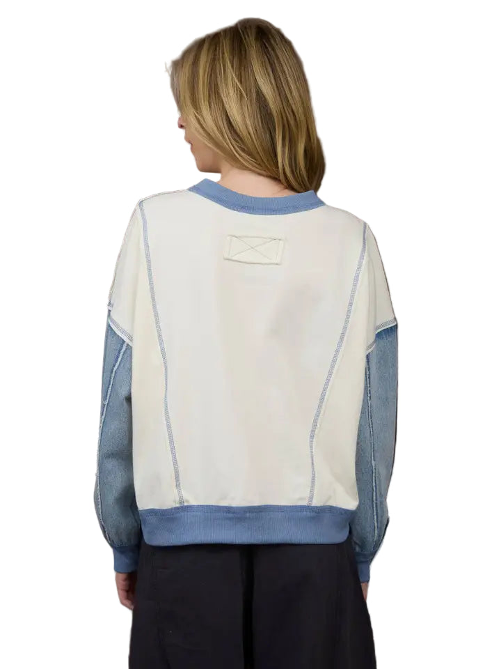 Mix Media Denim Sleeve Knit Top - Denim