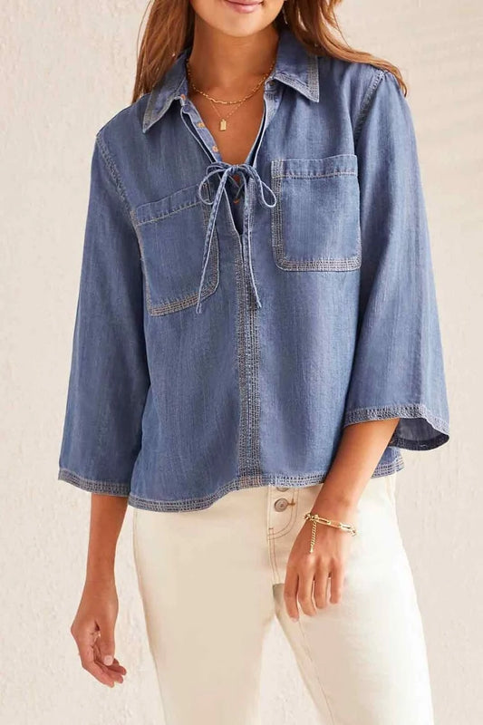 Lace Up Denim Blouse with 3/4 Sleeves