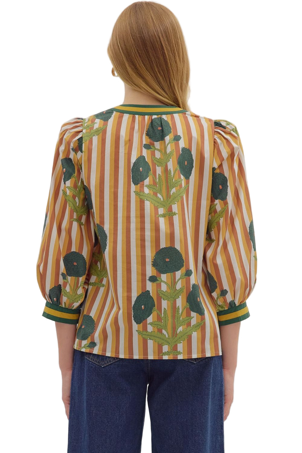 Striped floral print 3/4 sleeve top featuring front button closure and contrast cuffs