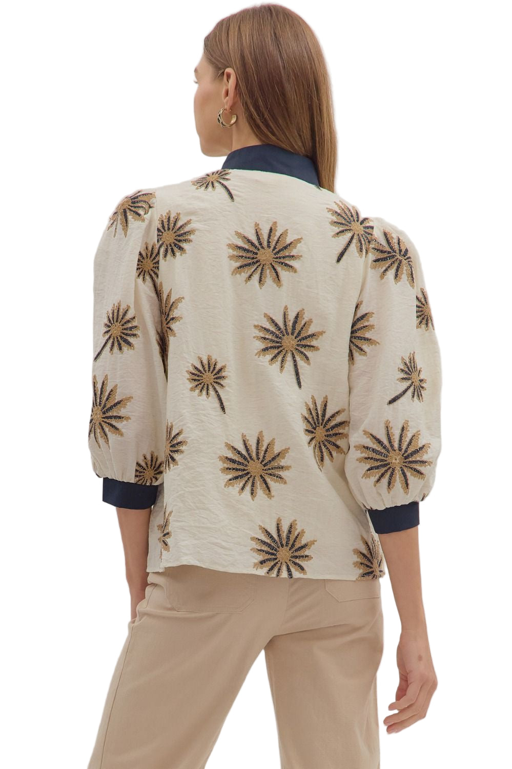 Botanical embroidery 3/4 puff sleeve top featuring contrast V-neck band