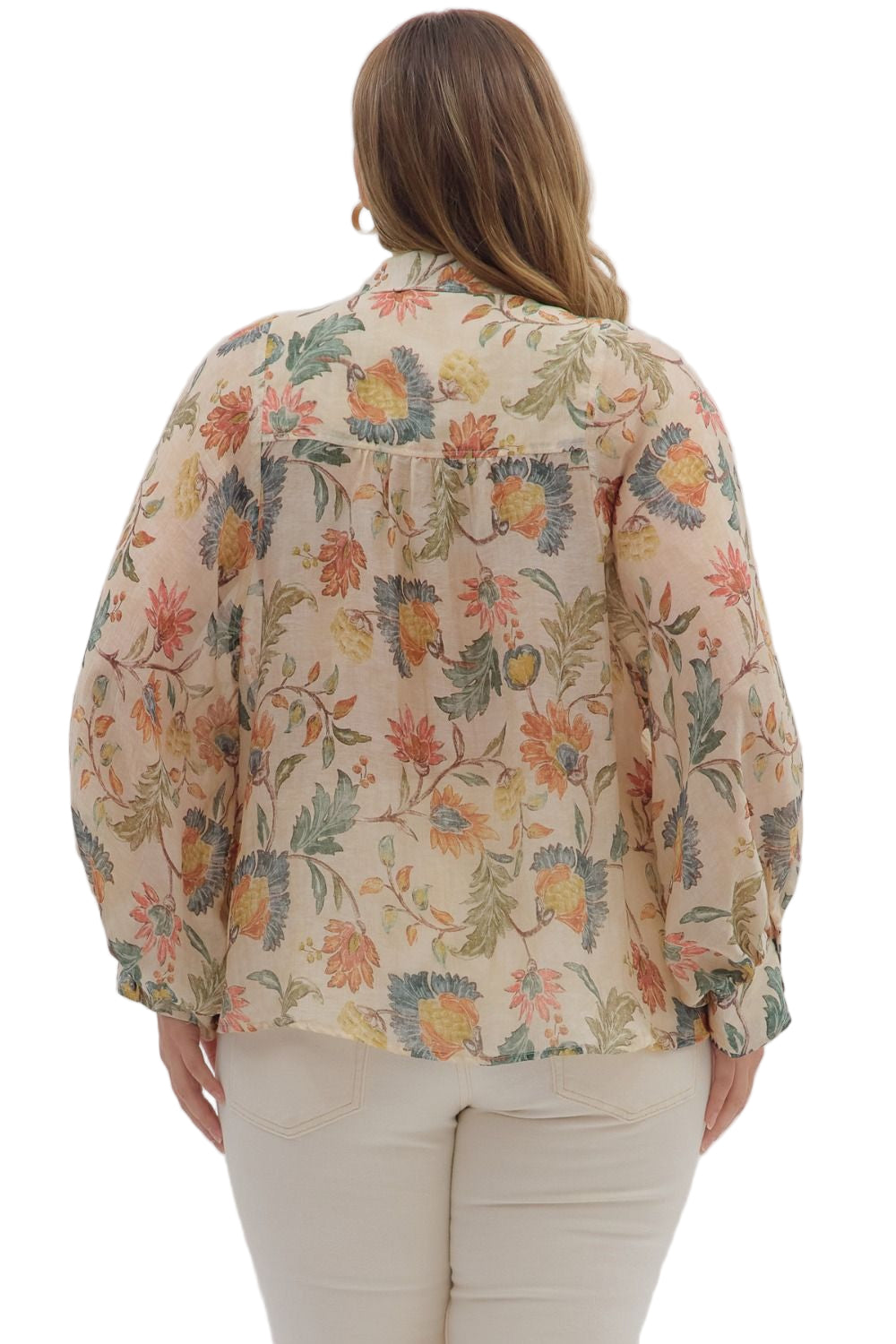 Floral print long sleeve button-down top featuring dropped shoulders