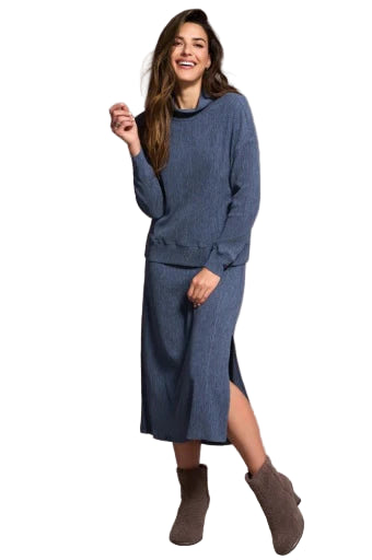 Tribal Textured Mock Neck Top- Slate Blue