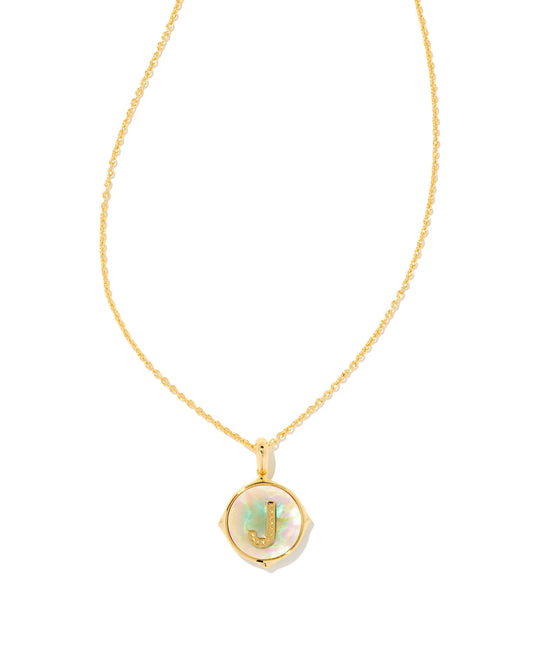 Letter J Gold Disc Reversible Pendant Necklace - Iridescent Abalone