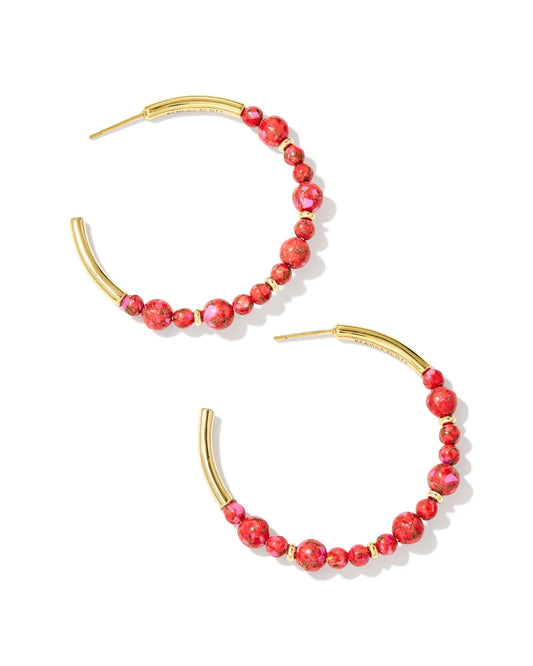 Jovie Gold Beaded Hoop Earrings - Bronze Veined Red/Fuchsia Magnesite