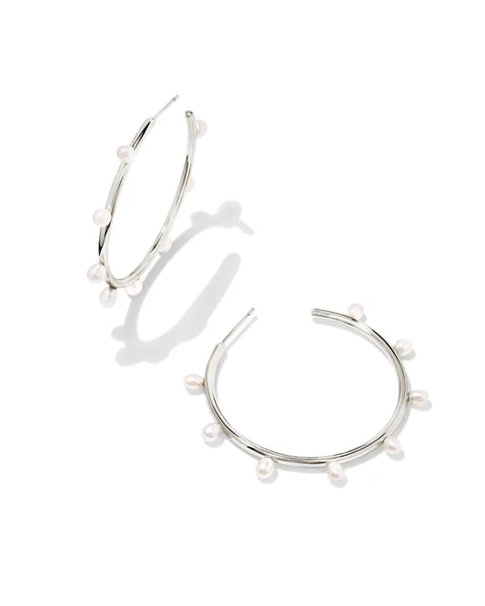 Leighton Silver Pearl Hoop Earrings - White Pearl