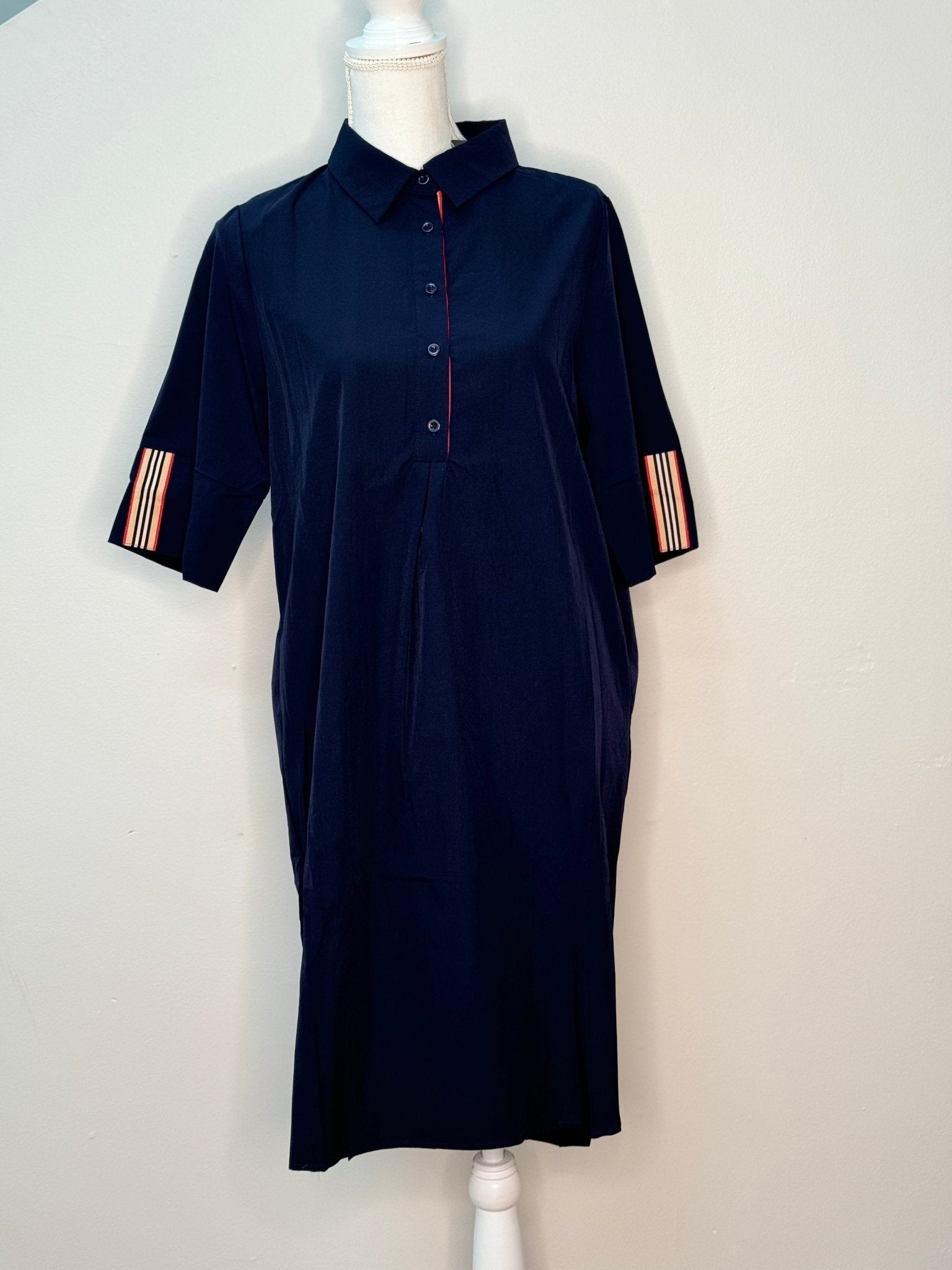 Navy Blue Warm Cotton Waffle Knee Length Button-Down Dress