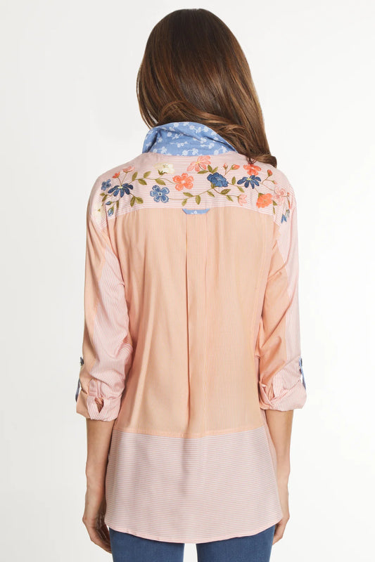 Embroidered Floral Shirt - Peach Stripe Multi