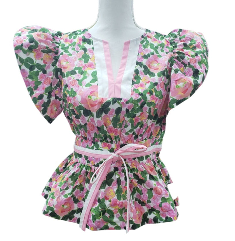Floral ruffle sleeve with front tie top