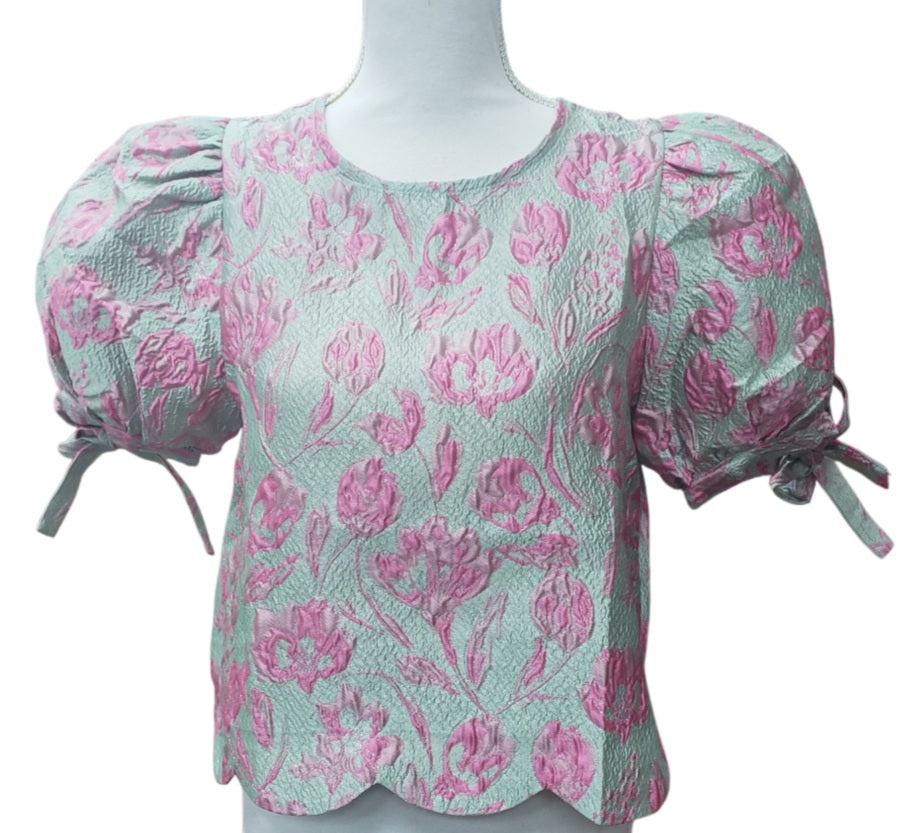 Floral jacquard short bubble sleeve pullover top