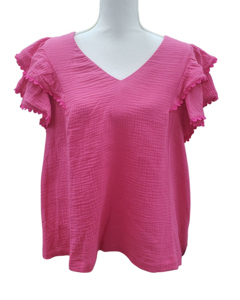 Pom Pom Trim Ruffle Sleeve Top