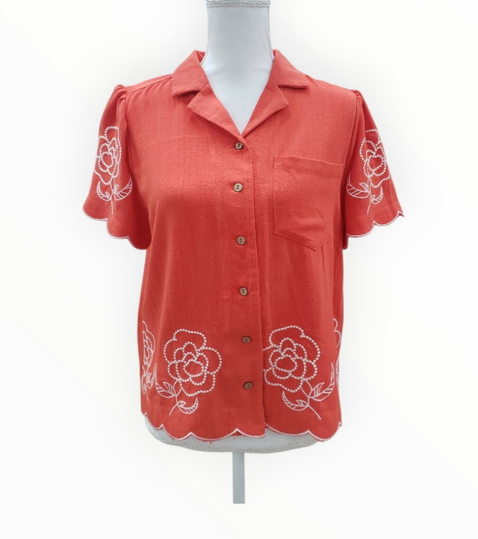 Linen Floral Embroidered Button-Up Top