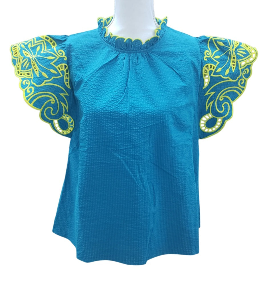 Embroidered Flutter Sleeve Blouse