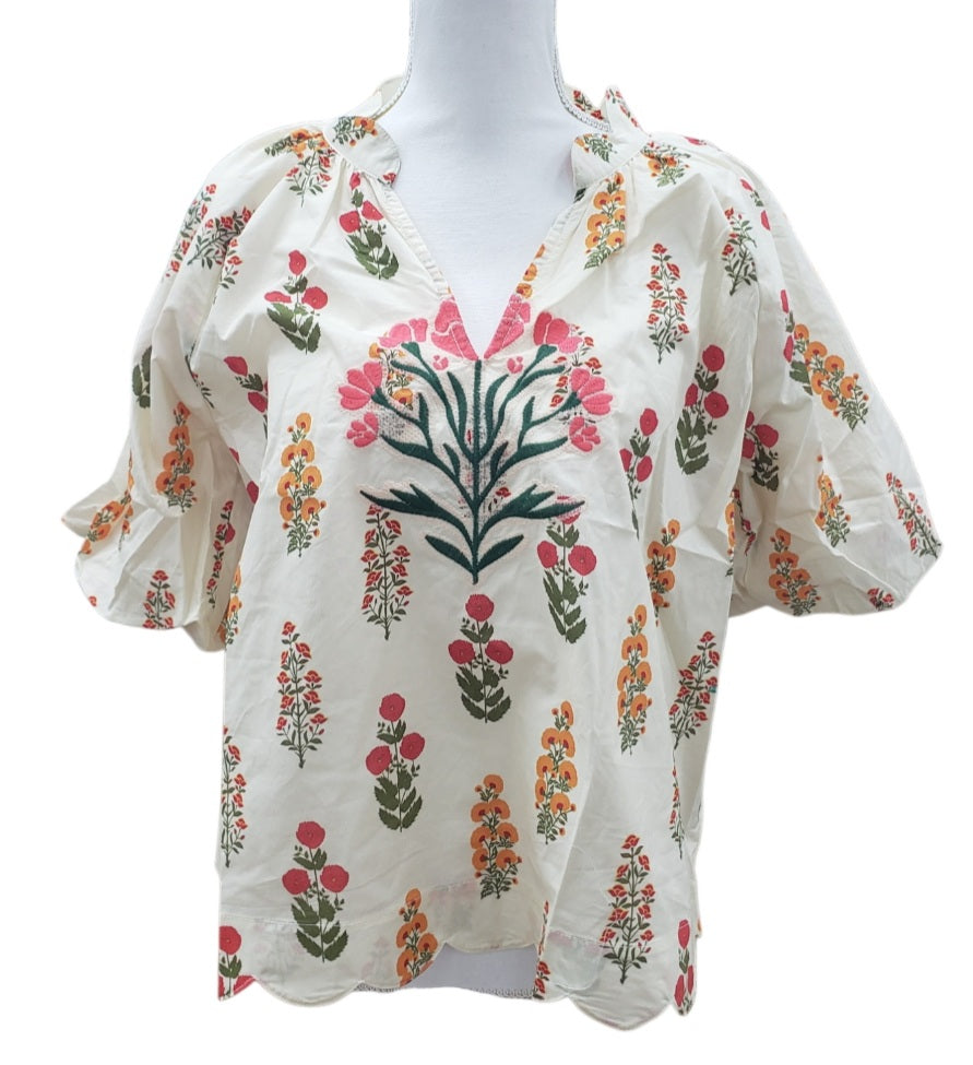 Puff Sleeve Floral Blouse with Scallop Hem