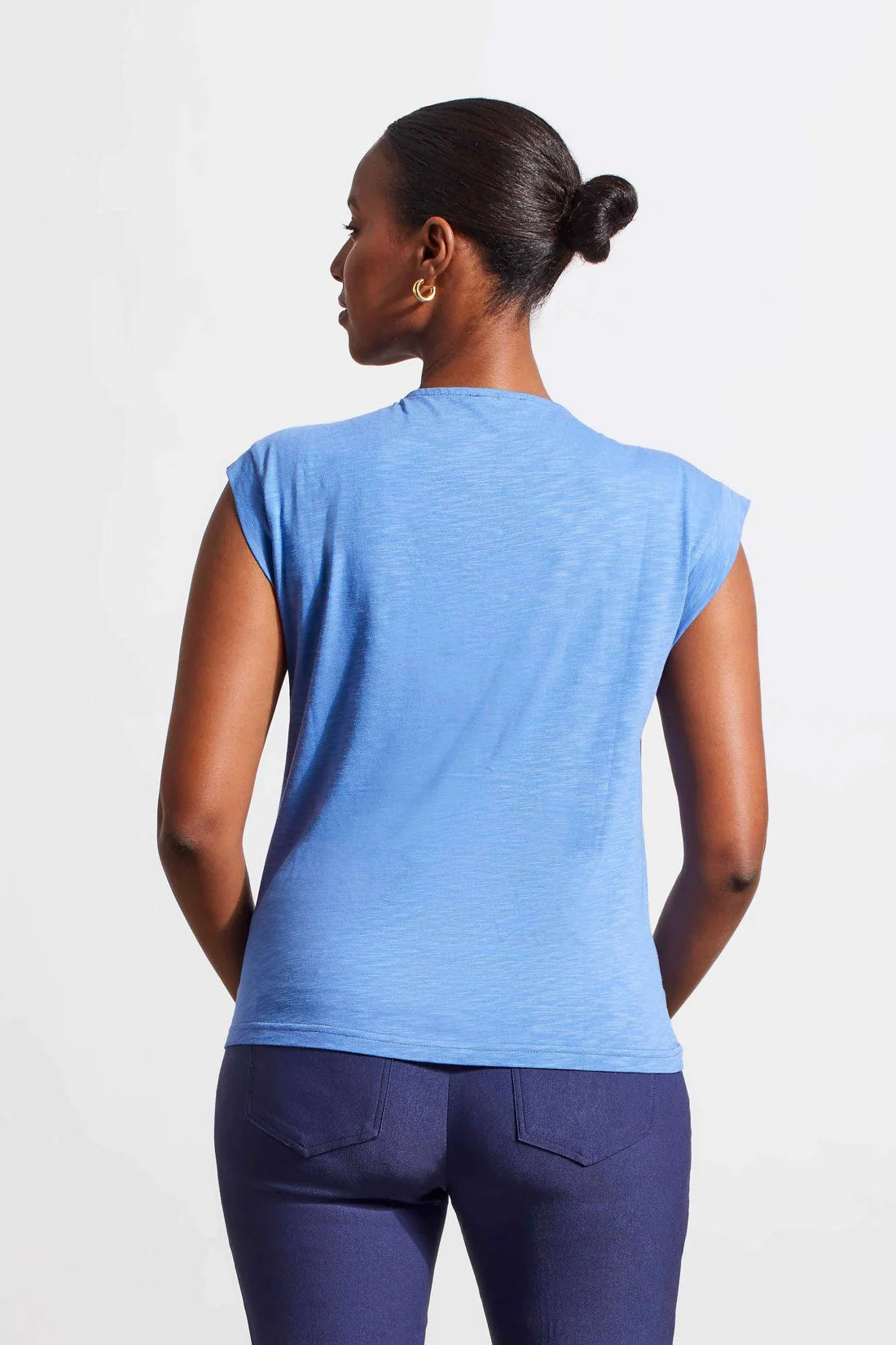 Blue Sleeveless V-Neck Top with Ruching