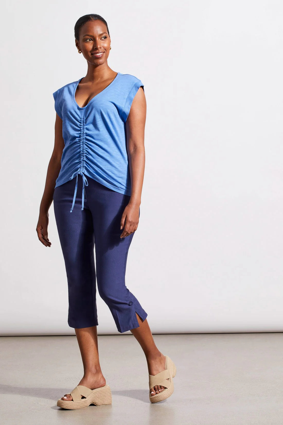 Blue Sleeveless V-Neck Top with Ruching