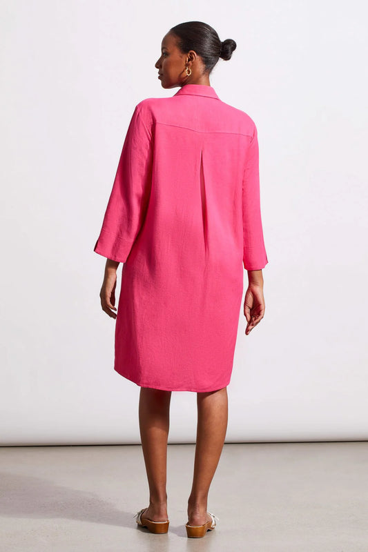 Raspberry Pink V-Neck Dress with 3/4-Length Sleeves