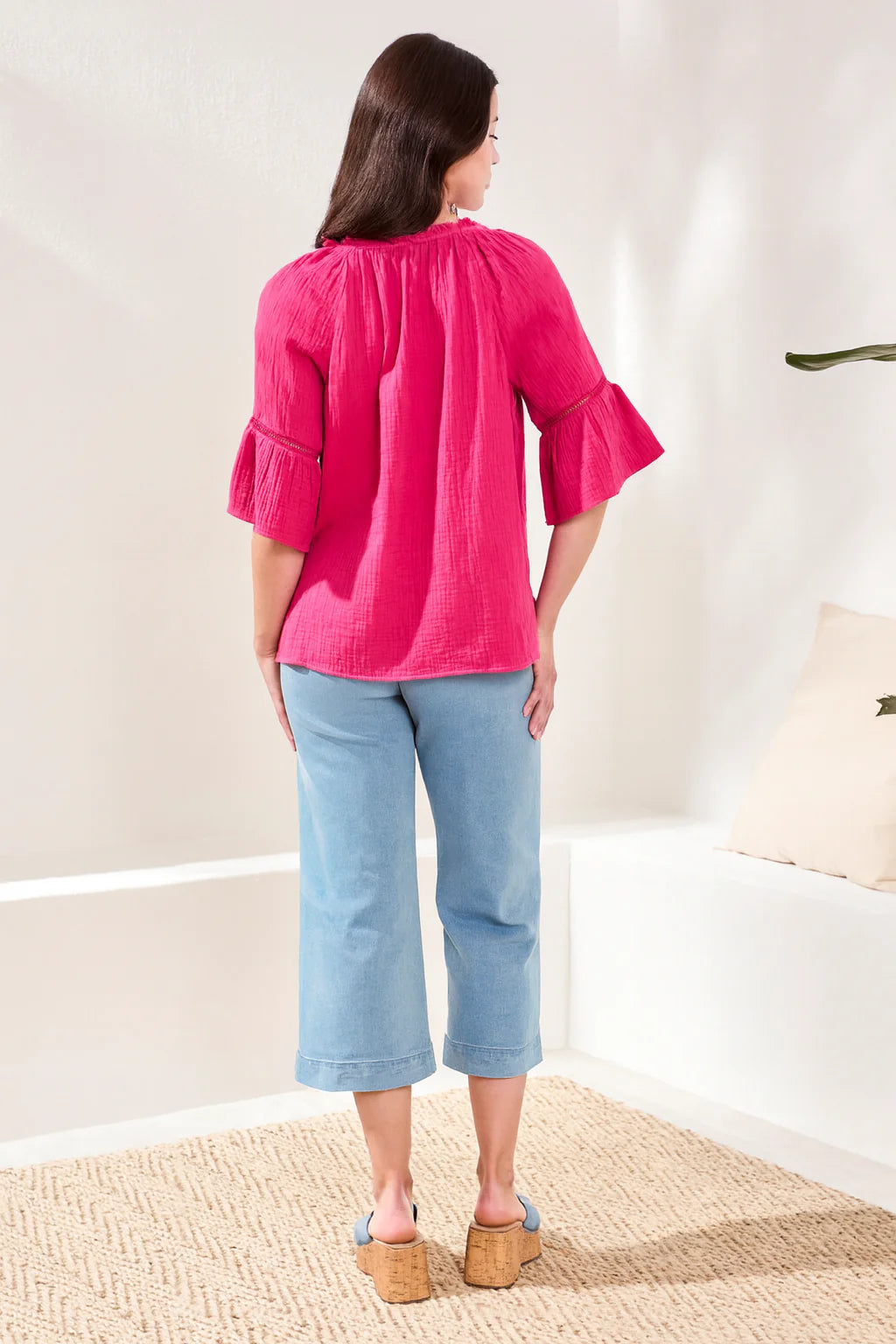 Crinkle Gauze Split-Neck Button-Front Bell Sleeve Blouse ~ 6059O-4555-2531