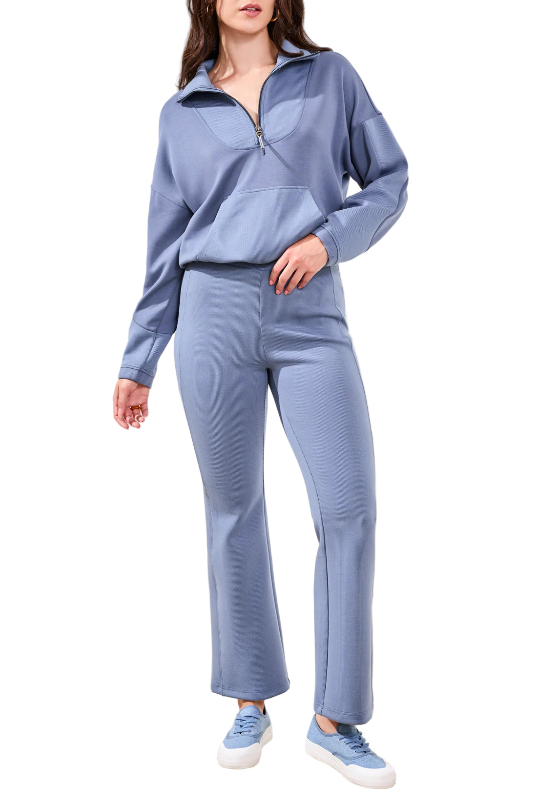 Tribal Mock Neck Top W/Zipper-Slate Blue