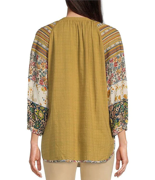 Mixed Media 3/4 Sleeve Split V-Neck Embroidered High-Low Top