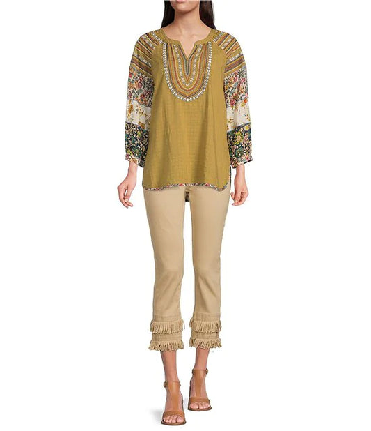 Mixed Media 3/4 Sleeve Split V-Neck Embroidered High-Low Top