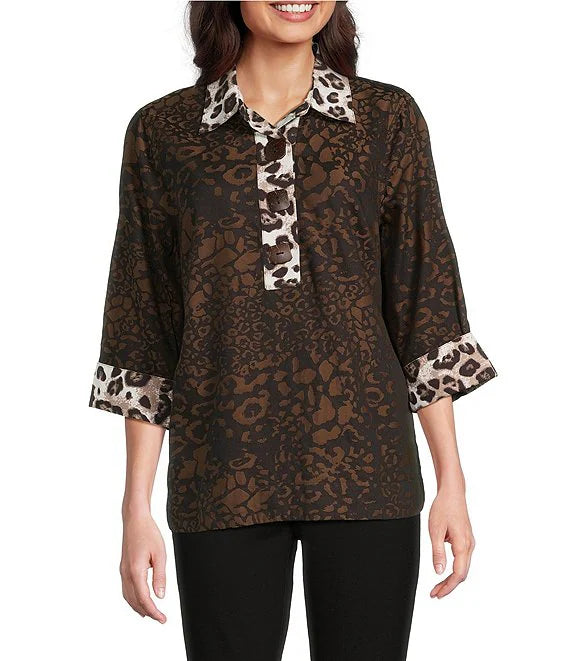 Ali Miles Woven Animal Print Point Collar 3/4 Sleeve Contrast Trim Hi-Low Hem Tunic