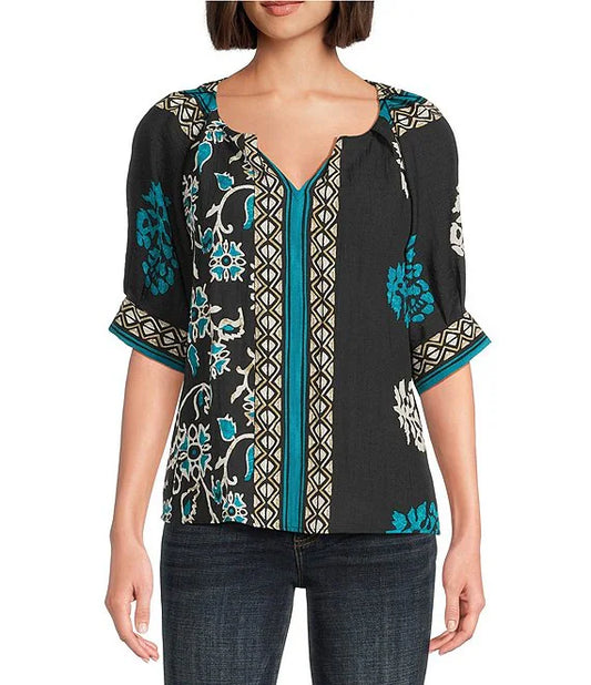 Tru Luxe Floral Border Print Split V-Neck Elbow Sleeve Top