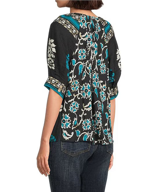 Tru Luxe Floral Border Print Split V-Neck Elbow Sleeve Top