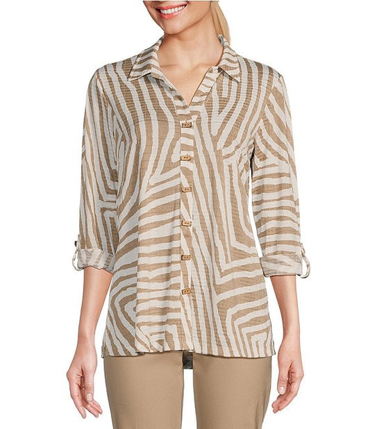 Jacquard Knit Zebra Print Point Collar Long Roll-Tab Sleeve Button-Front Shirt