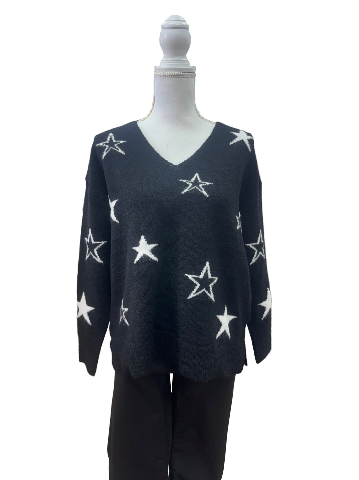 Black V-Neck Sweater with White Star Detail