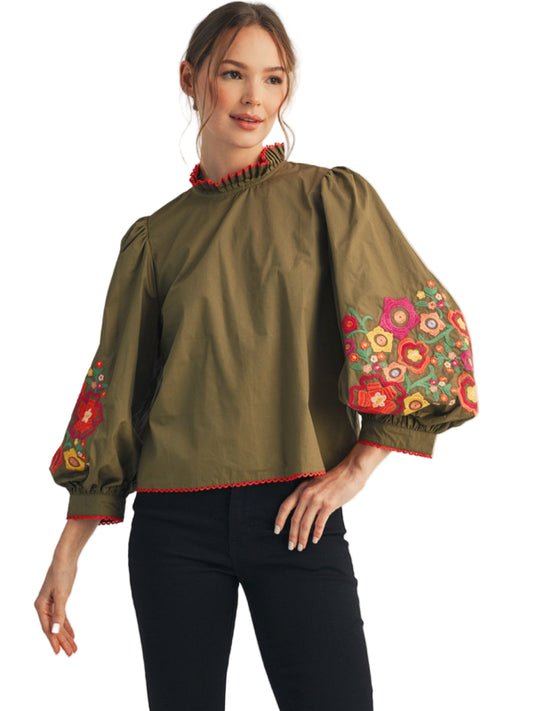 3/4 balloon sleeves top with embroidery