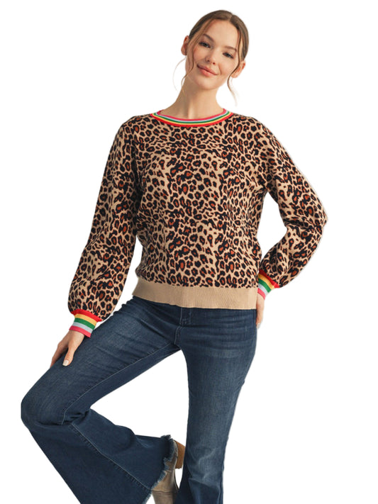 Long puff sleeves leopard sweater top
