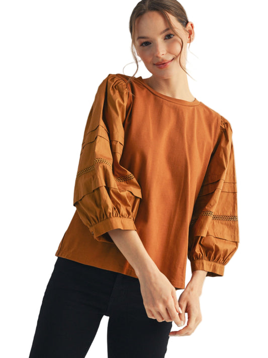3/4 puff sleeves solid top, ladder lace trim detai - Toffee