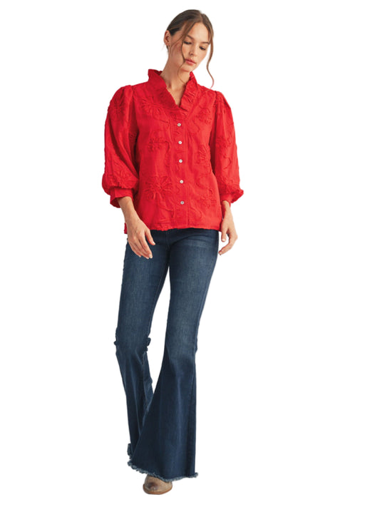 3/4 sleeves button down 3D floral top