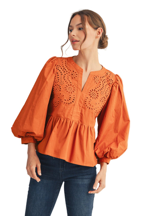 3/4 puff sleeves peplum top with eyelet accent