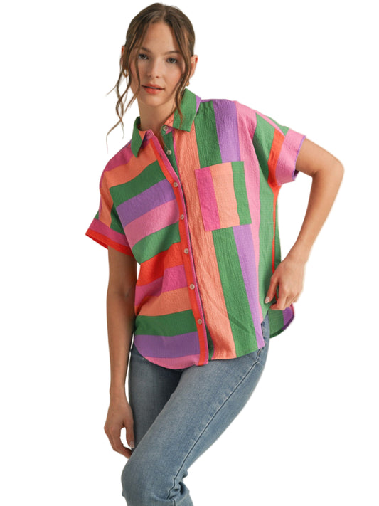 Multicolor stripes print top with collared neck