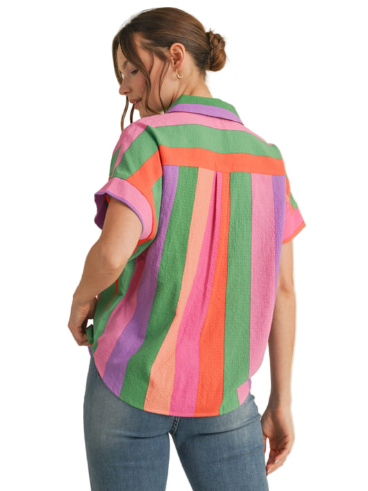 Multicolor stripes print top with collared neck