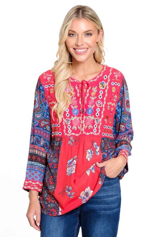 Embroidered Tie Front Tunic - Spice Print