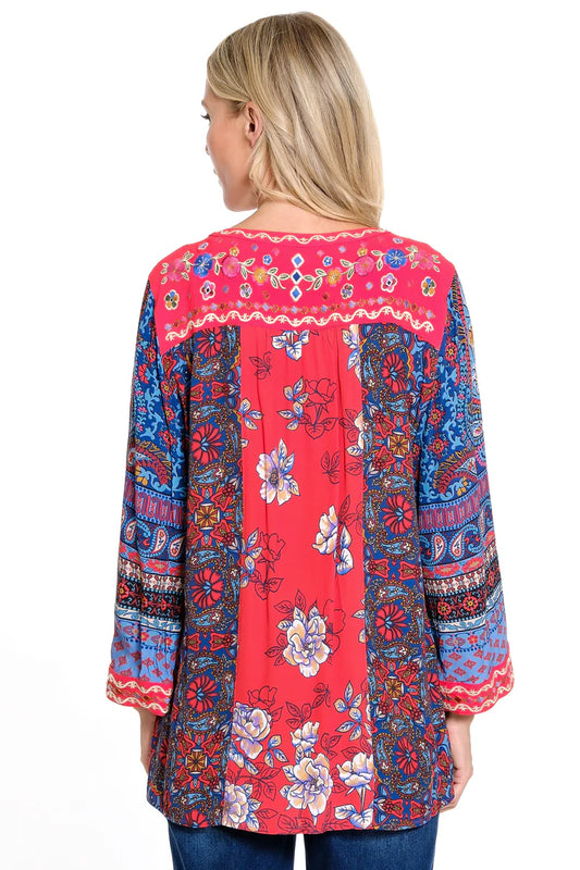 Embroidered Tie Front Tunic - Spice Print