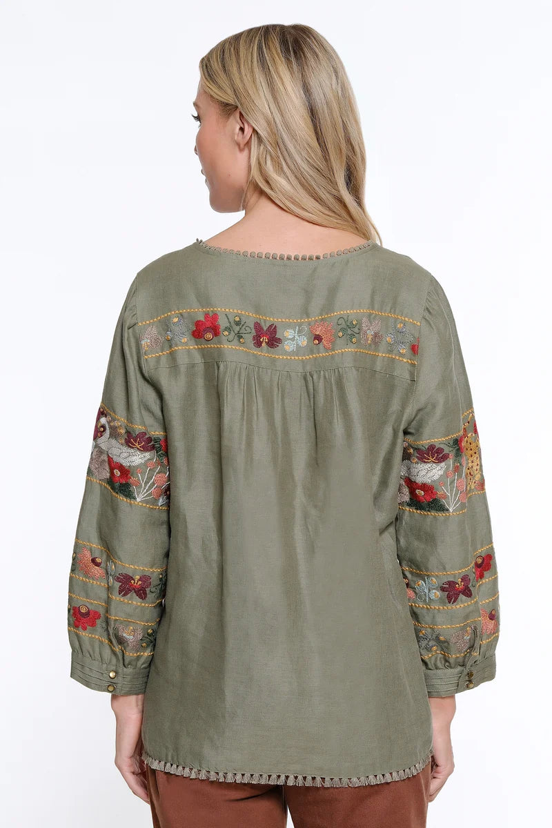 Embroidered Tunic with Pintuck Detail- Olive