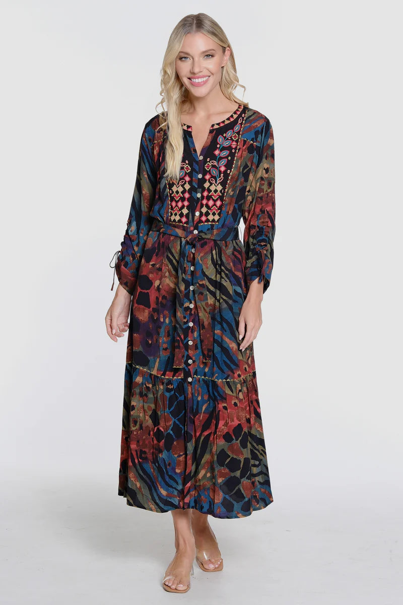 Print Midi Dress -Leaf Multi