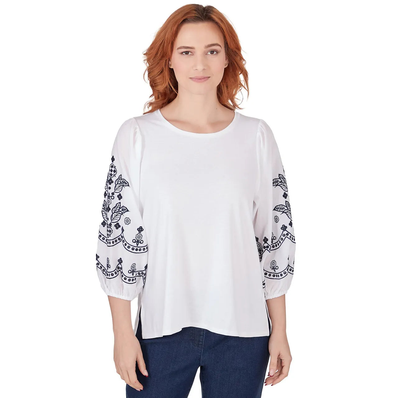 Medallion Embroidered Lantern Sleeve Blouse - White