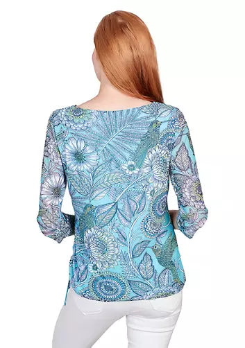 Ballet Neck Hummingbird Garden Printed Mesh Top with Side Ruched Detail