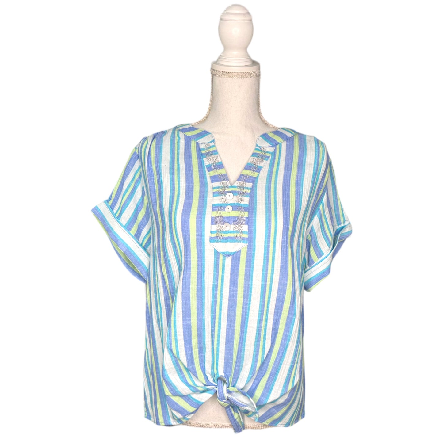 Blue, Green, and White Striped V-Neck Blouse