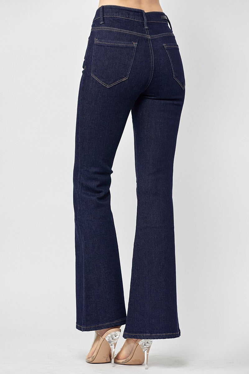 High Rise Button Fly Flare Jeans - Solid Dark