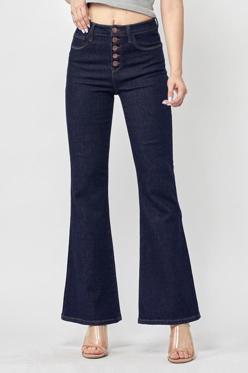 High Rise Button Fly Flare Jeans - Solid Dark