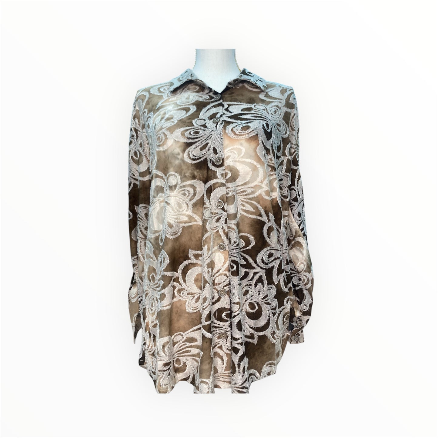 OMBRE BROWN AND WHITE DISTRESSED FLORAL BUTTON DOWN TOP