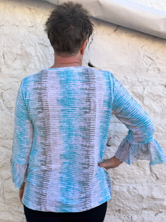 3/4 Flounce Sleeve Shirt in Aqua