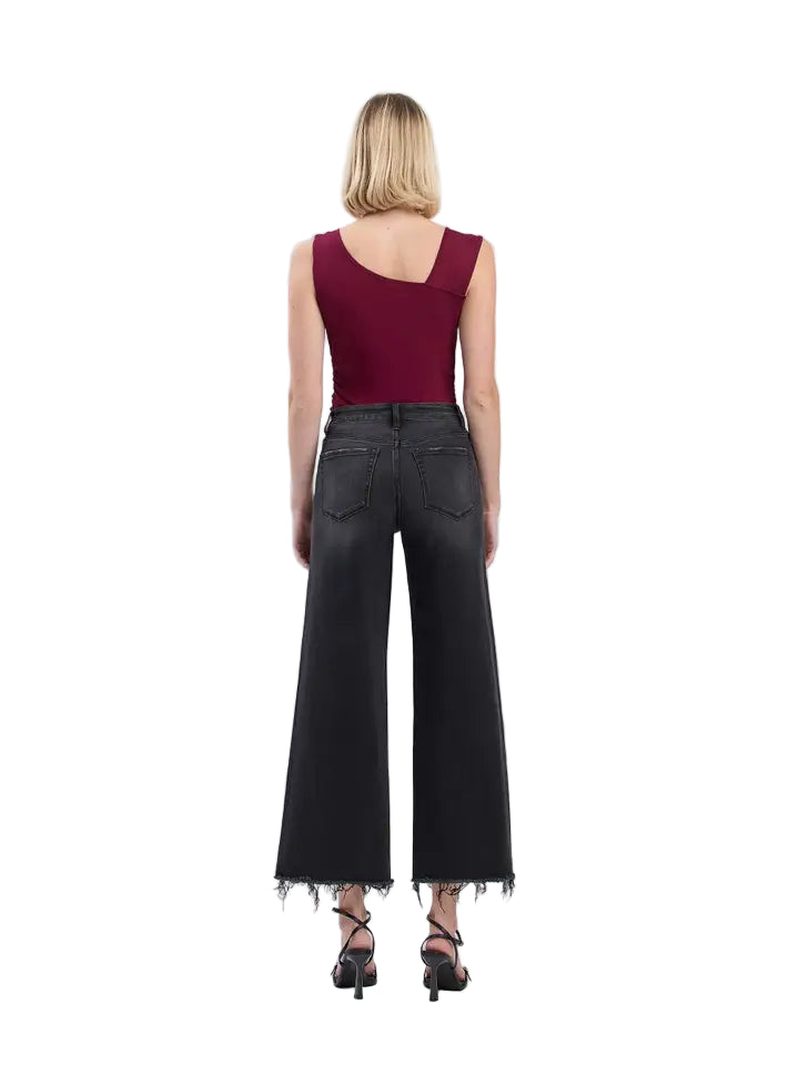 High Rise Frayed Hem Ankle Wide Jeans