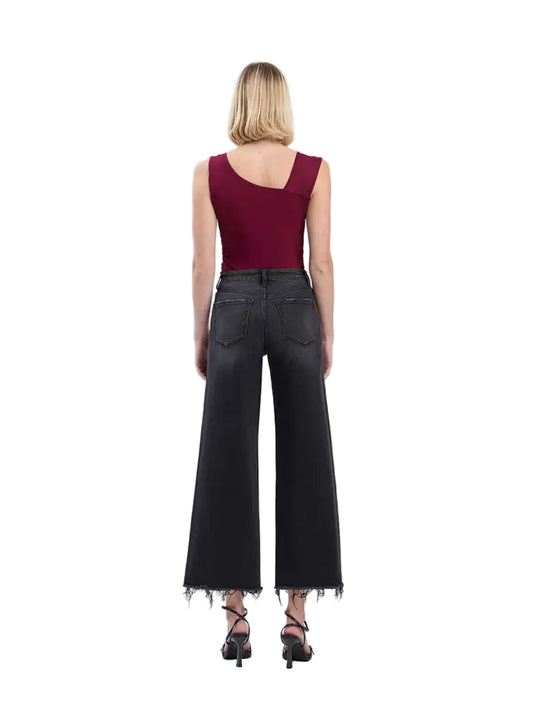 High Rise Frayed Hem Ankle Wide Jeans
